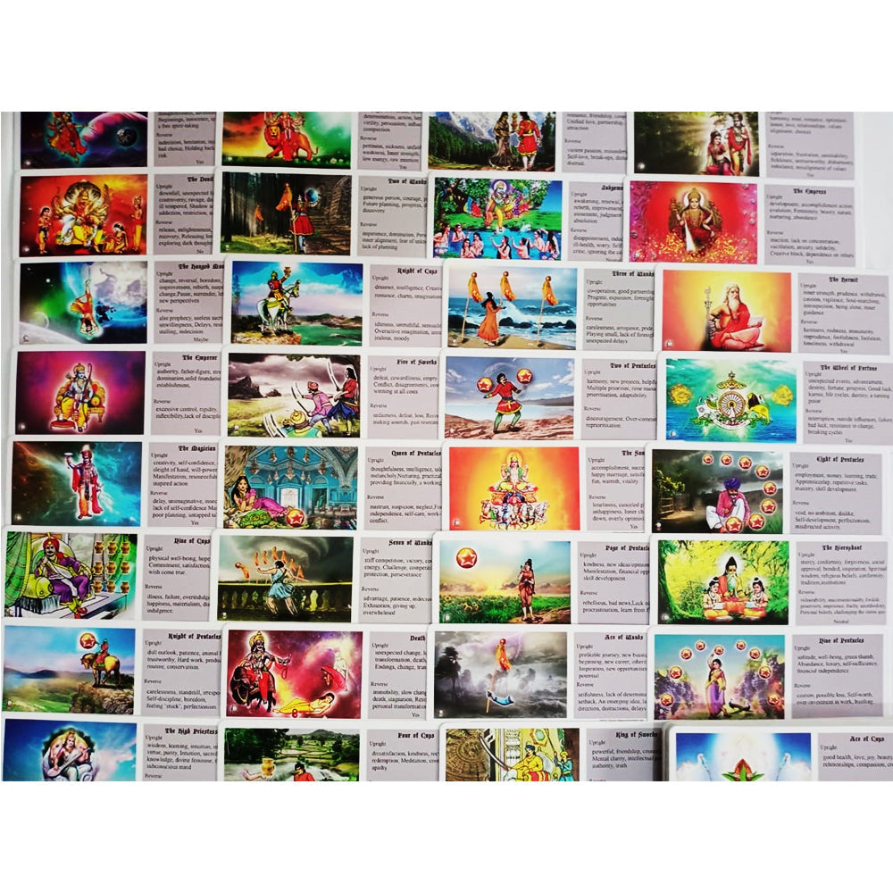 प्राचीन भारतीय टैरो कार्ड्स, 78 कार्ड्स डेक, भविष्यवाणी कार्ड वरच सोप्या इंग्रजीत प्रिंट, प्राचीन हिंदू संस्कृती अनुसार सुंदर चित्र, सर्व धर्मियांसाठी, 15 x 6 सेमी साईज mini tarot deck
